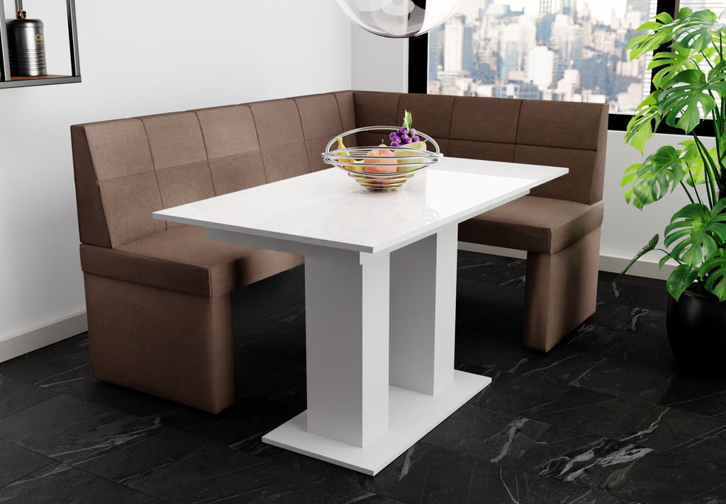 Eckbankgruppe 168x128 cm BLAKE L Stoff Soro Braun / Esstisch DANTE Weiß HGL