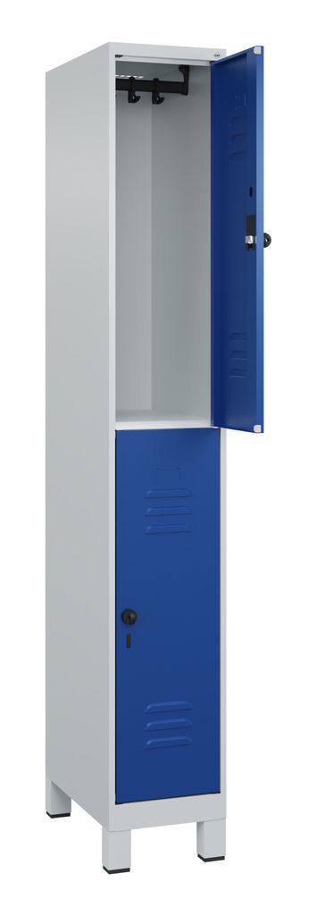 Fächerschrank, doppelstöckig, BxTxH 300x500x1950 mm, 1x2 Fächer, Abt.B 300 mm, Drehriegel, Füße, RAL 7035/5010