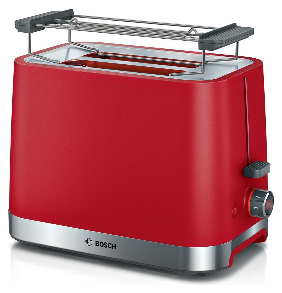 A red Bosch toaster with a chrome base and a warming rack on top, set against a white background.