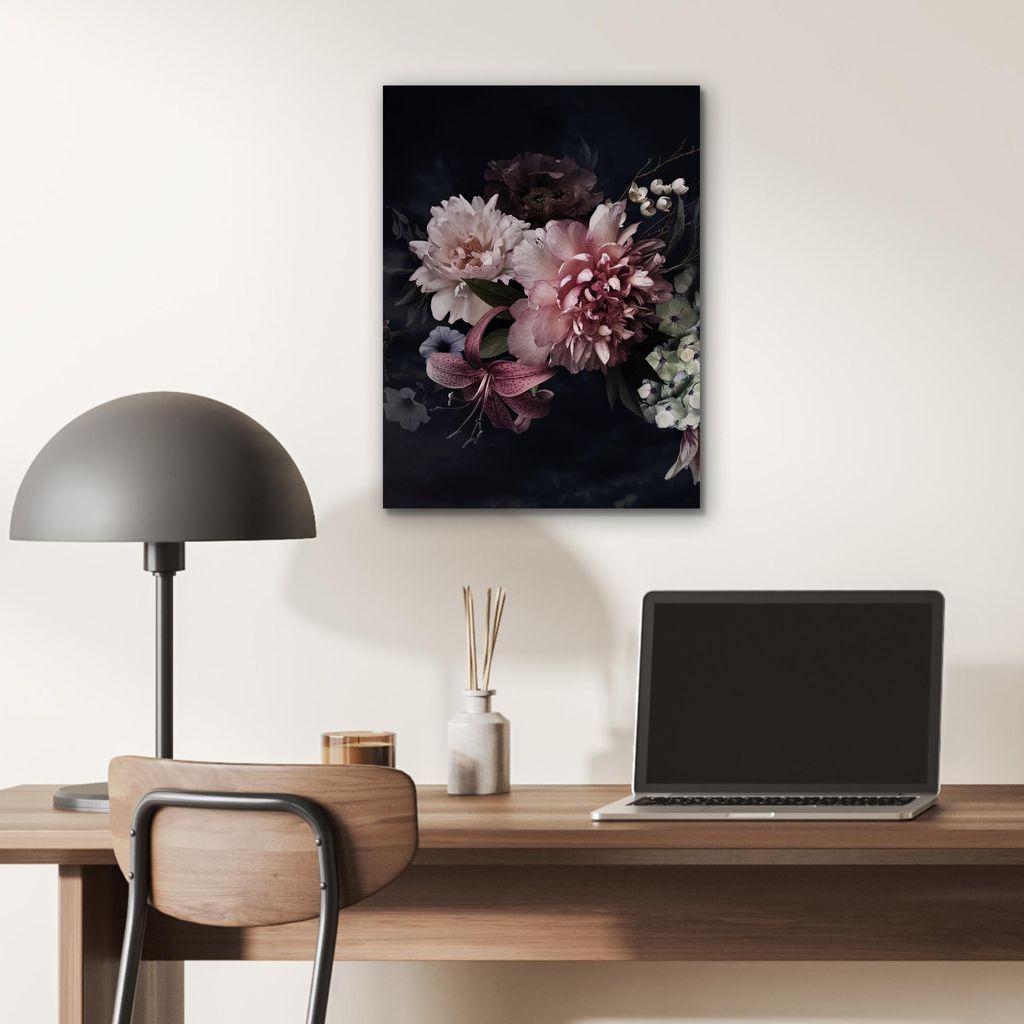 MuchoWow Wanddekoration Metall Metallbild Wandkunst 30x40 cm Blumen - Vintage - Pastell - Schwarz - Blumenstrauß MuchoWow Aluminium Gemälde - Bilder