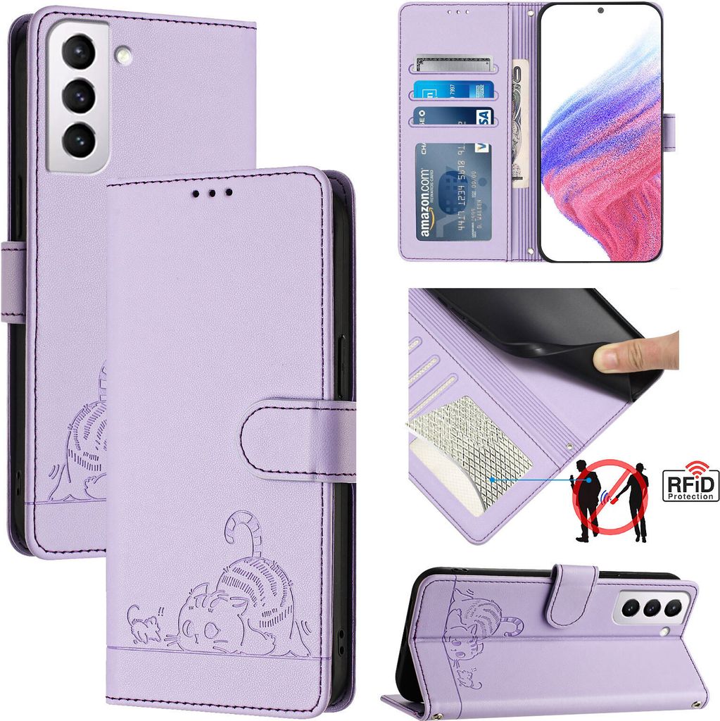 Leder Hülle für Samsung Galaxy S21 FE 5G Süße Katze Flip Case Brieftasche Schutzhülle mit Standfunktion Lila