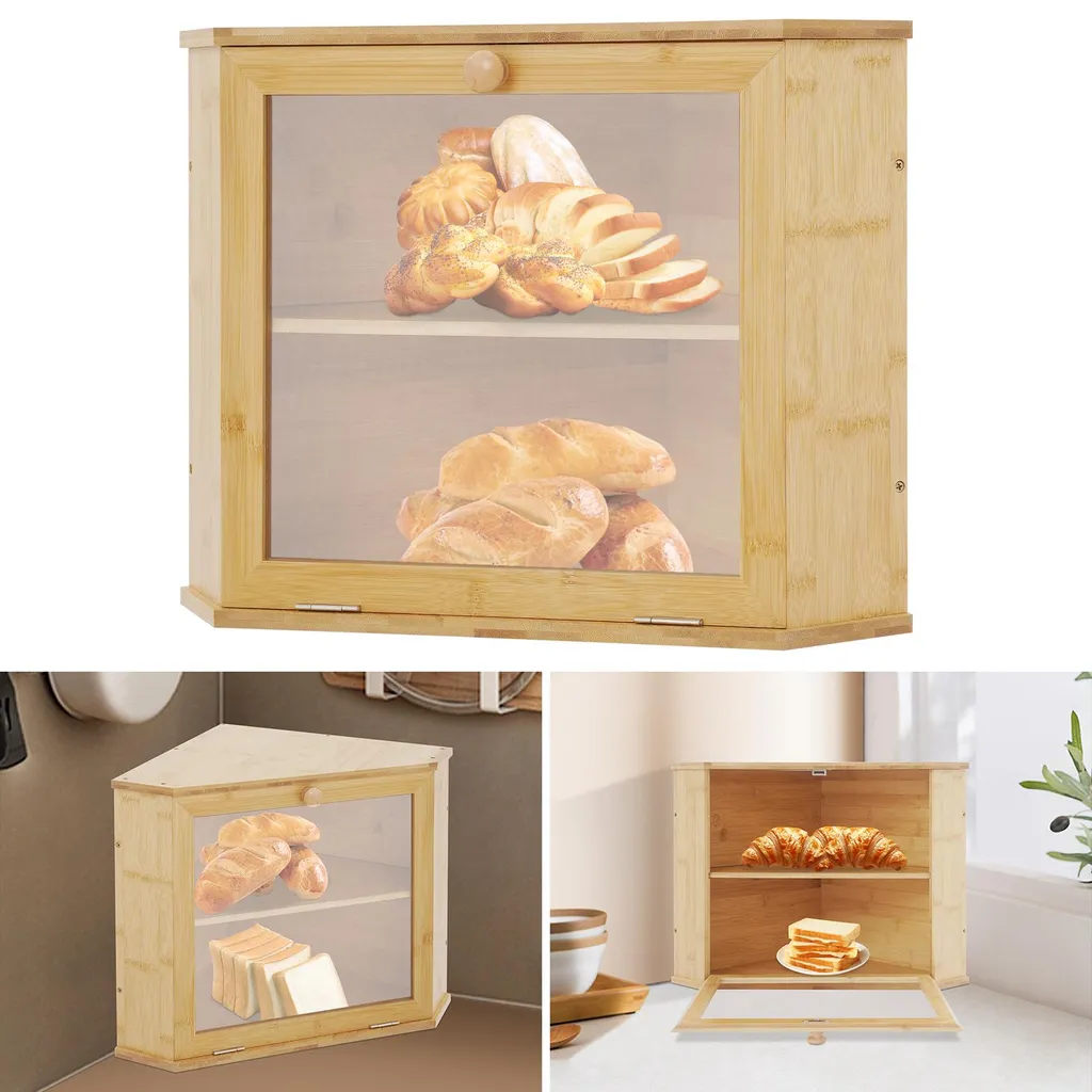 Boîte à pain d'angle à 2 niveaux en bois naturel pour cuisine moderne