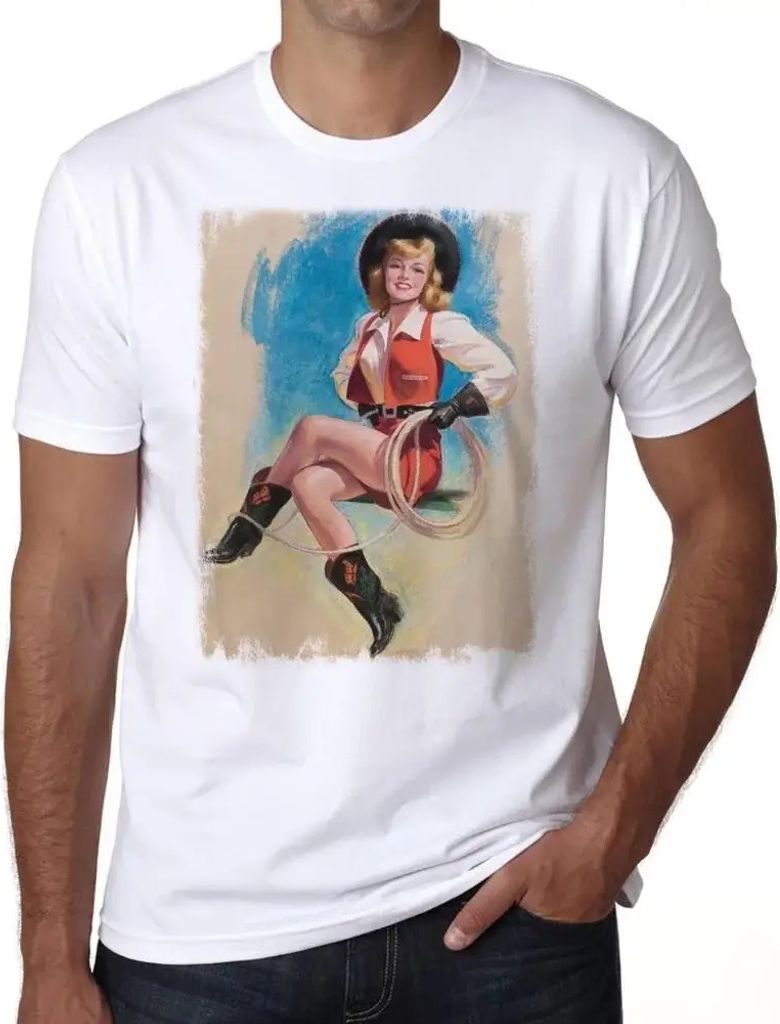 Herren Grafik T-Shirt Pin-Up Cowgirl 3 Öko-Verantwortlich Vintage Jahrgang Kurzarm Lustige Druck Geburtstag Geschenk Mann