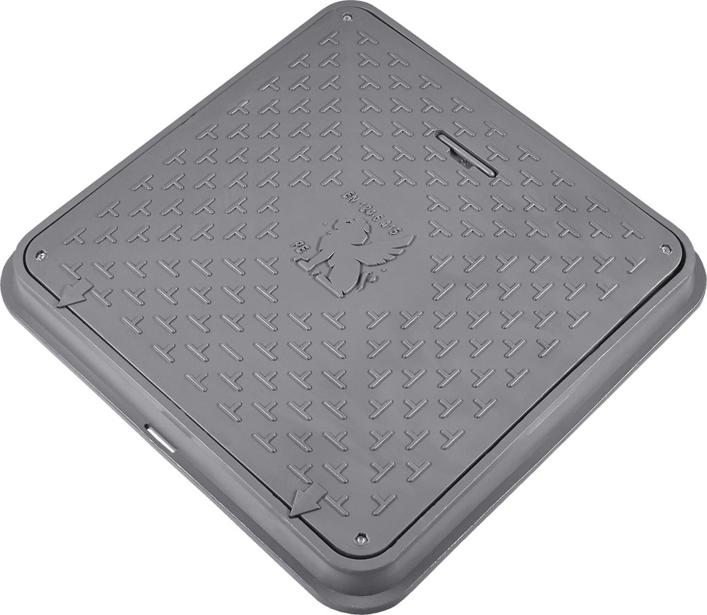 A square manhole cover with a textured surface and a logo in the center, isolated on a white background.