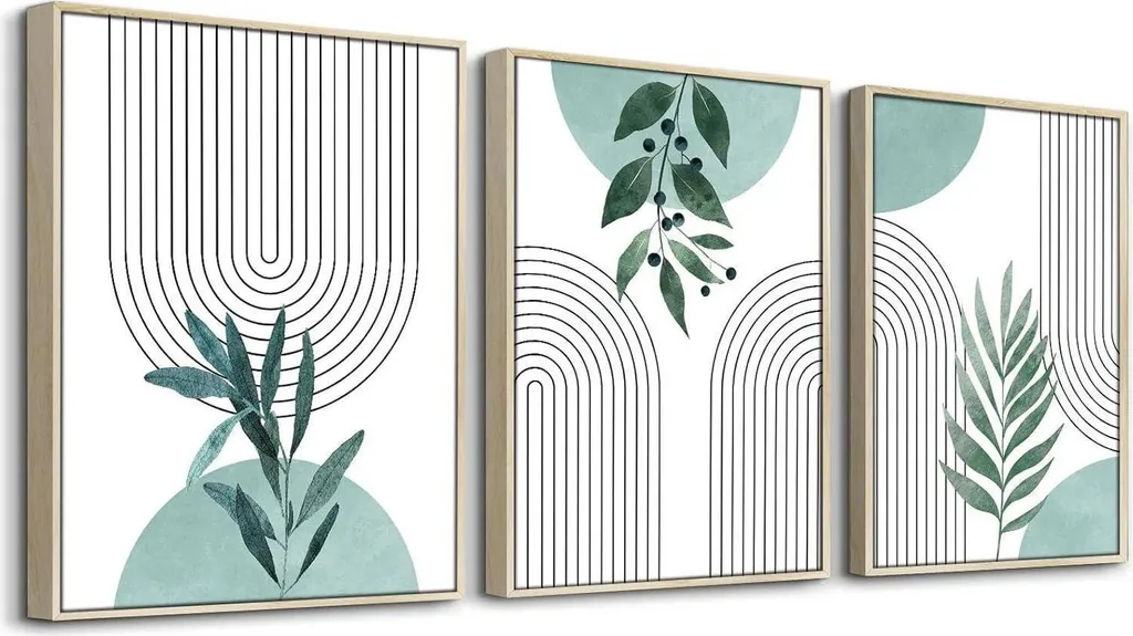 Tableaux Boho vert sauge avec cadres en bois naturel 60x40 cm - Lot de 3