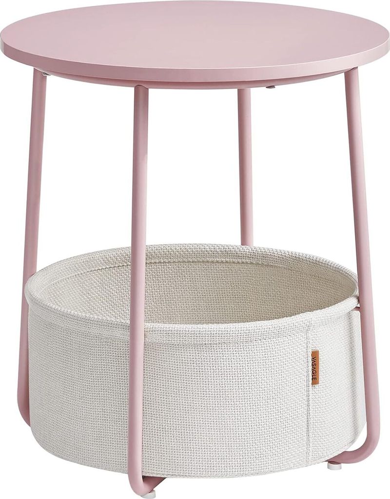 VASAGLE Beistelltisch Rund Kleiner Tisch Couchtisch Kleiner Wohnzimmertisch mit Stoffkorb Aufbewahrung für Wohnzimmer Schlafzimmer Nachttisch Modern