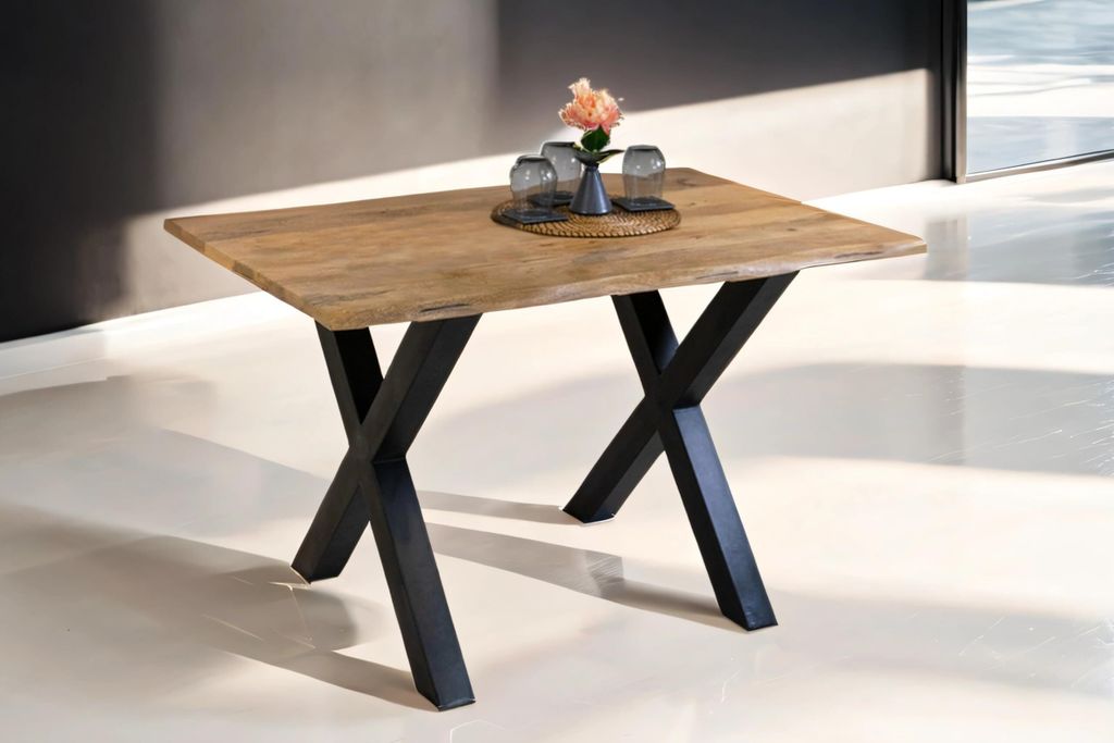 Esstisch Tiger 160 x 85 cm, Mangoholz massiv & naturfarben, Baumkantentisch mit X-Metallgestell in Schwarz, echte Baumkante, Esszimmertisch in Vint...