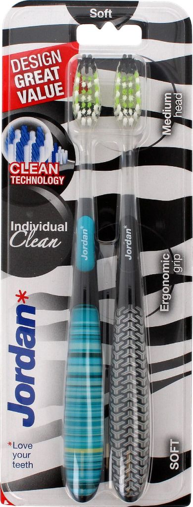 Jordan Individual Clean Soft – Handzahnbürsten – 2er Pack – Weiche Borsten – Große Bürstenköpfe – Für tägliche Zahnpflege