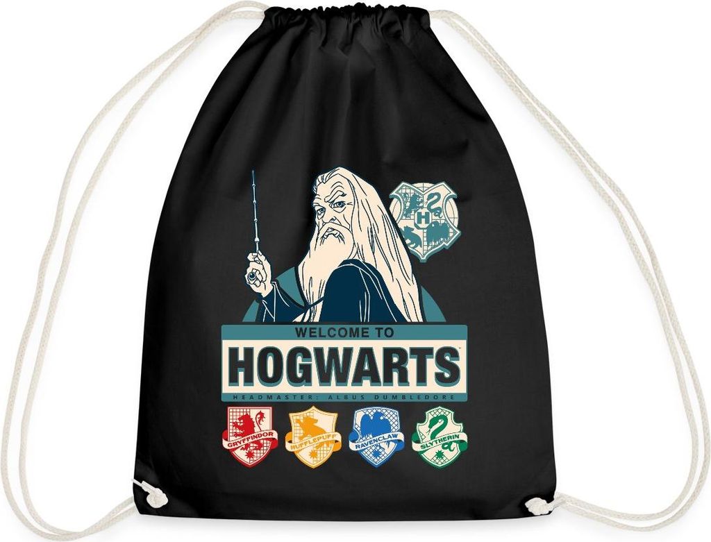 Spreadshirt Harry Potter Dumbledore Willkommen In Hogwarts Turnbeutel, One size, Schwarz