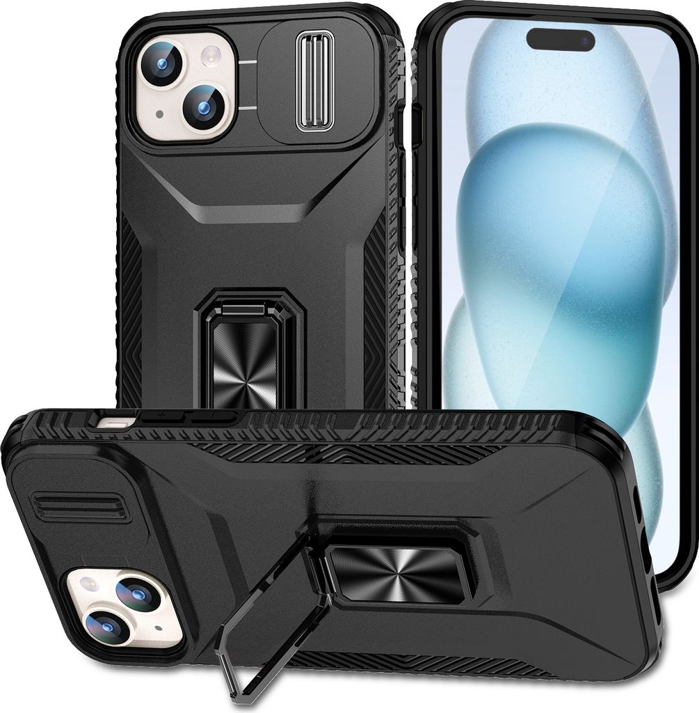 Handyhülle für iPhone 15 Plus Dual Layer Hülle mit Schiebe Kamera Schutz und Ringhalter Ständer Schwarz