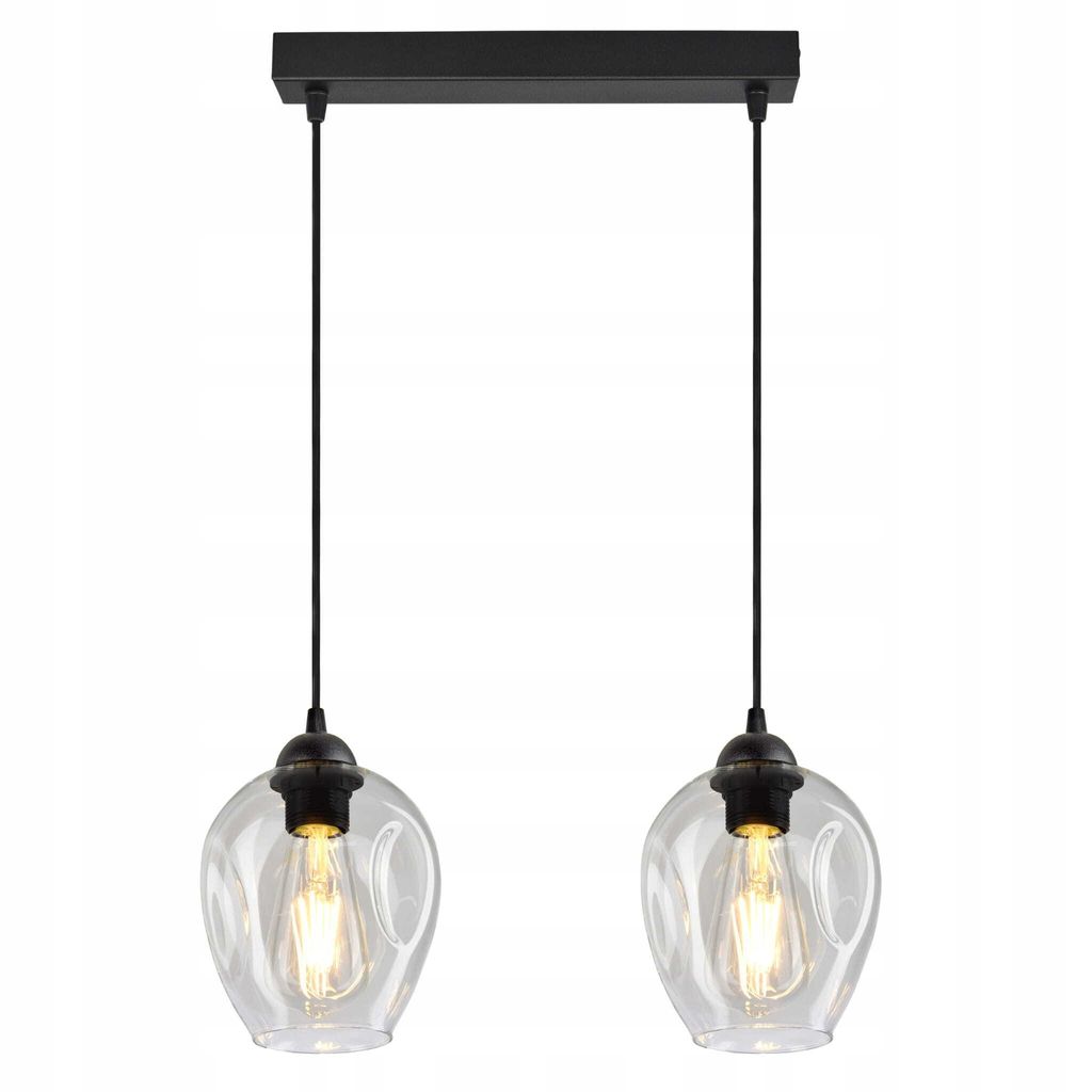 A product shot of a black metal pendant light fixture with two clear glass shades and exposed bulbs.