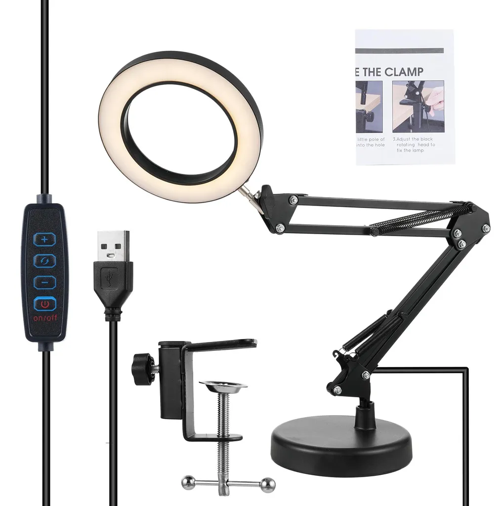 Loupe 10x avec éclairage LED réglable et pince pour bureau articulé