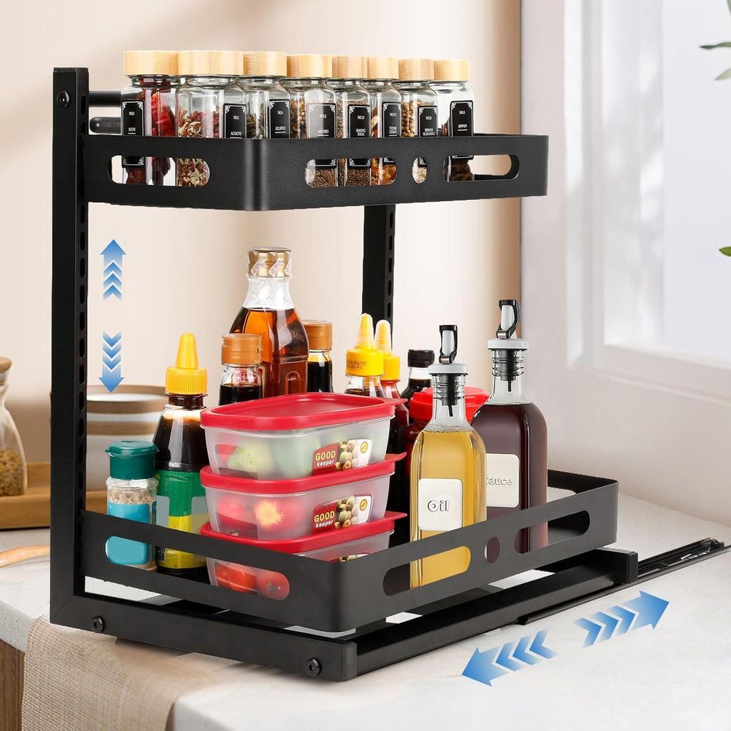 Küchenschrank für unter die Spüle, 2-stufiges Auszugregal, höhenverstellbare Schublade, Badezimmer-/Flur-Schrank, Schwarz