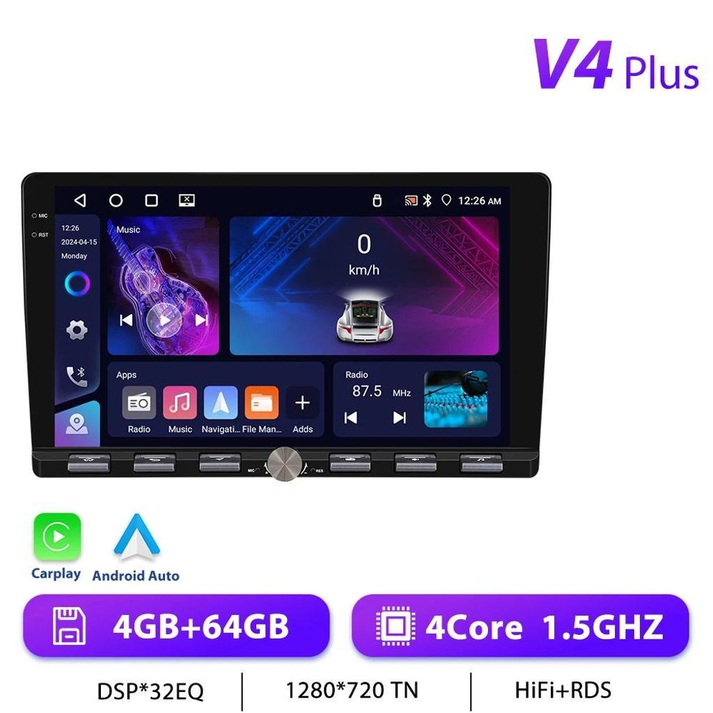 Autoradio - 2-DIN Android - 23 cm Touchscreen HD 1280×720 - CarPlay - Android 13 - 4 GB RAM 64 GB ROM - MTK 1,5 GHz - GPS, 2x USB, Lenkradsteuerung