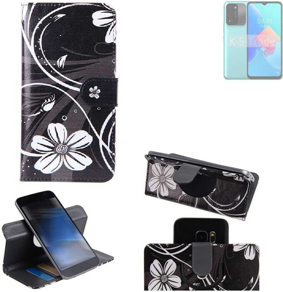 K-S-Trade Schutzhülle Handyhülle kompatibel mit Tecno Spark 8C Hülle 360° Wallet Case “Flowers“ Klapphülle Hülle schwarz-weiß 1x