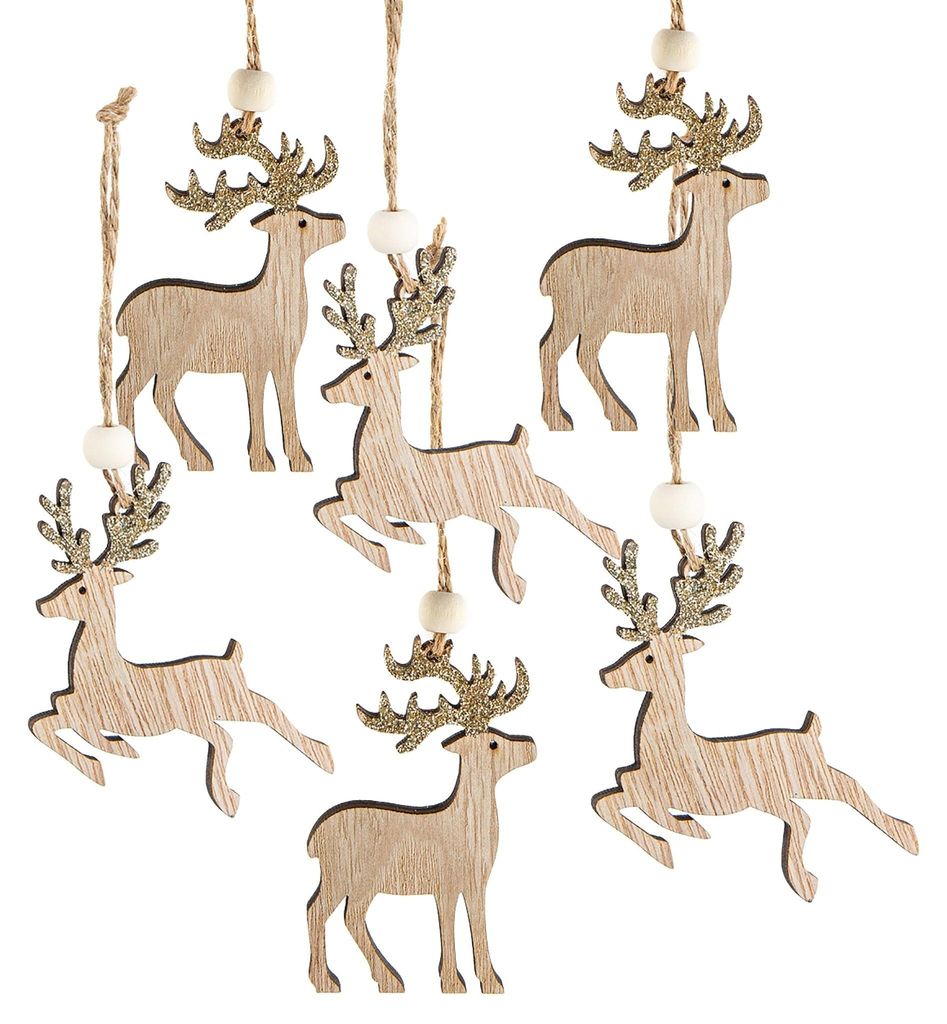 6 Hirsch Rentier Holz Anhänger Weihnachten natur gold 7 cm Produktbild 