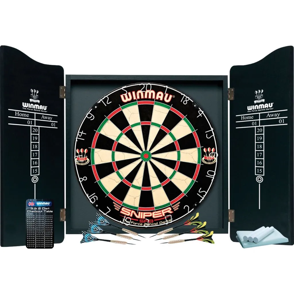 Cible fléchettes Winmau Pro sisal avec meuble de protection et 6 dards