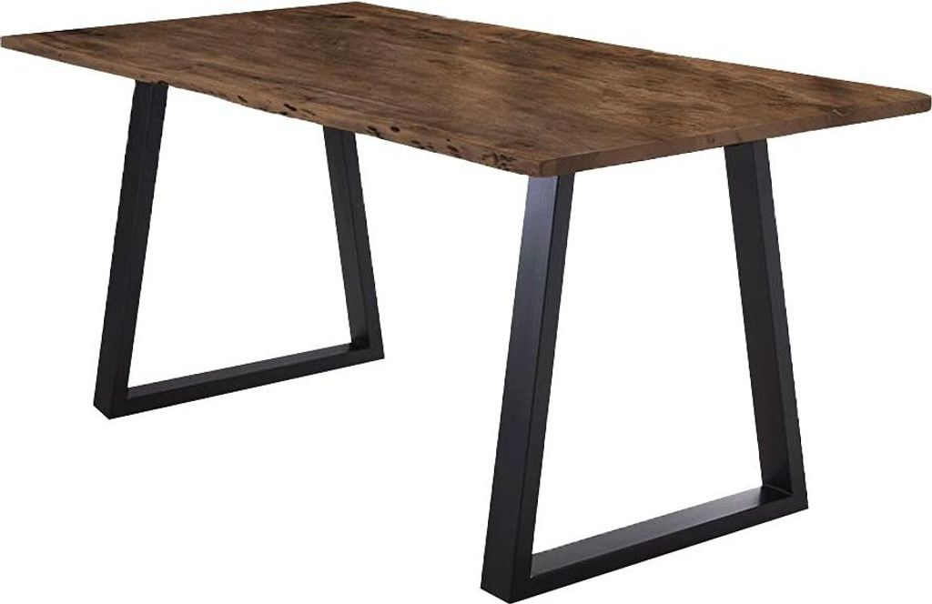 Esstisch 200x100 cm Lubin, Akazienholz nussbaumfarben, Massiver Esszimmertisch mit echter Baumkante, Baumkantentisch mit V-Gestell Schwarz, Holztis...