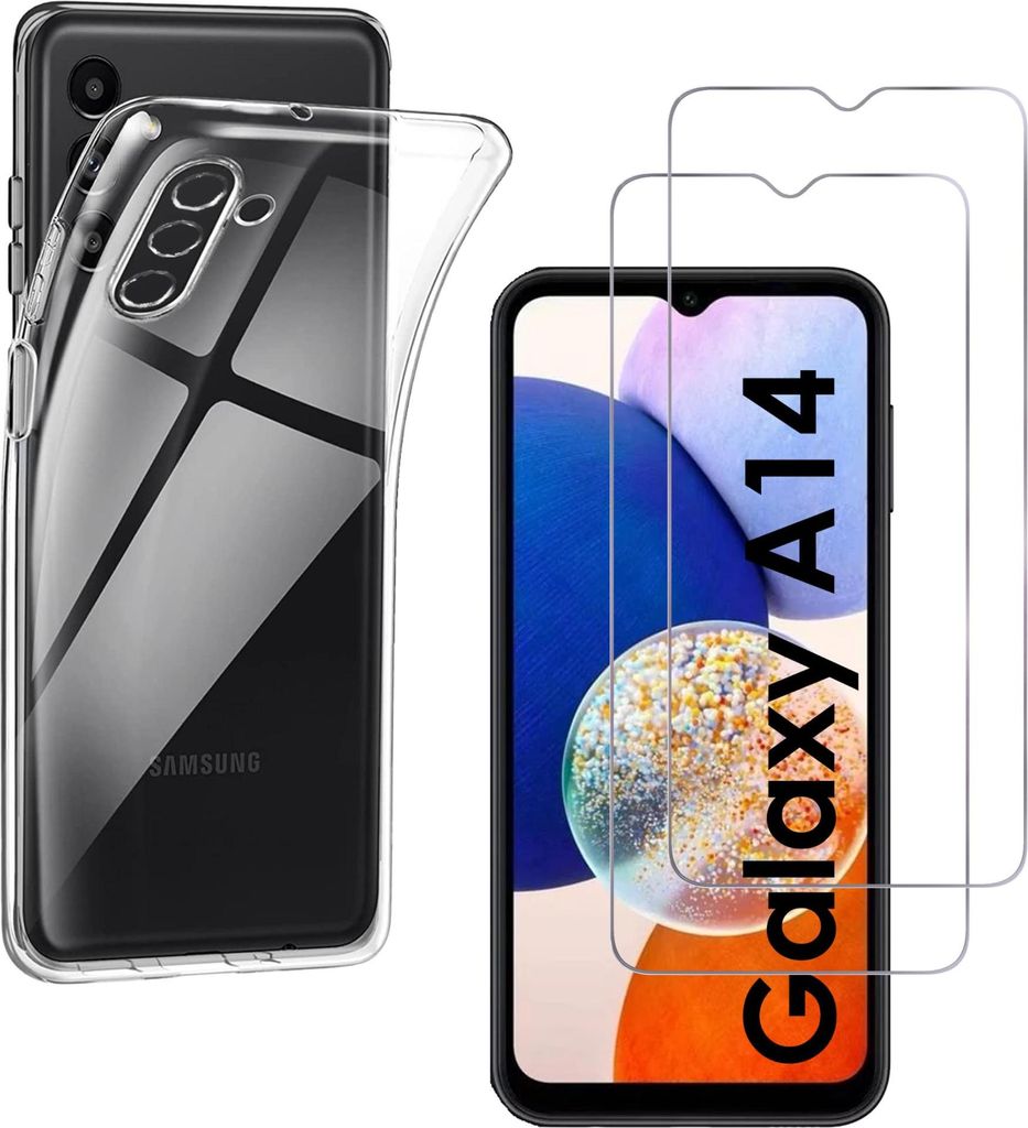 Hülle für Samsung Galaxy A14 mit 2 Displayschutzfolien aus Hartglas Phonillico