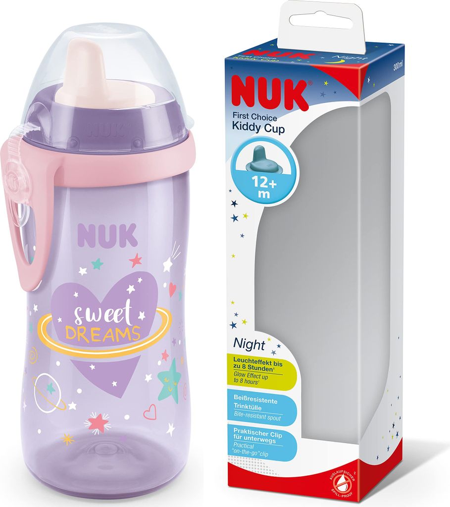 A NUK Kiddy Cup and its packaging are displayed side-by-side against a white background.