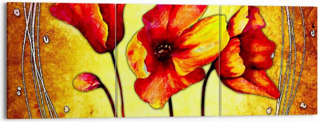 Bild auf Leinwand - Leinwandbild - Blumen Schilder Stiel Linien - 150x50cm - Wand Bild - Wanddeko - Leinwanddruck - Bilder - Kunstdruck - Wanddekor...