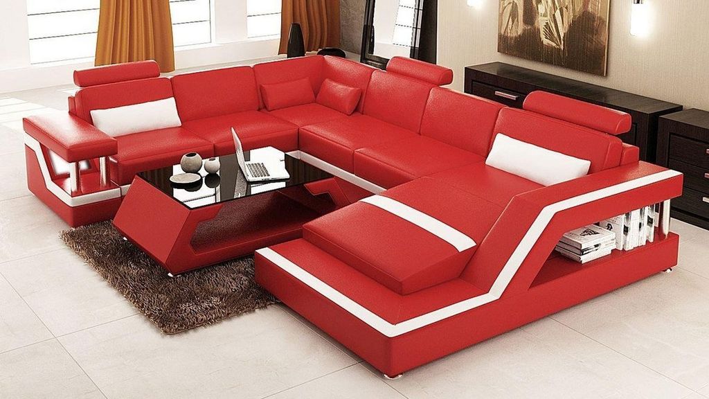 Rote Ecksofa Ledersofa Big XXL U Form Wohnlandschaft Sofa Couch Garnitur Leder
