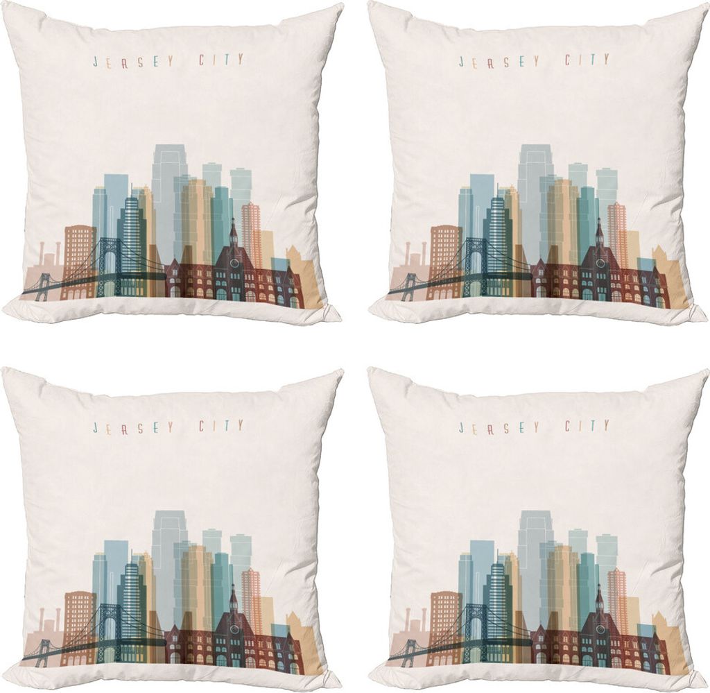 ABAKUHAUS Jersey City Kissenbezug Set (4 Stück), Gebäude-Brücke Stadt, Moderner Doppelseitiger Digitaldruck, 60 cm x 60 cm, Mehrfarbig
