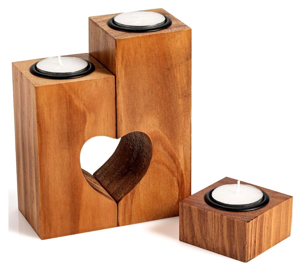Herz Teelichthalter aus Holz - Set mit 3 Kerzen Deko, Geschenk für Mama und Oma zu Weihnachten, Nikolausgeschenke, personalisierte romantische Ges...