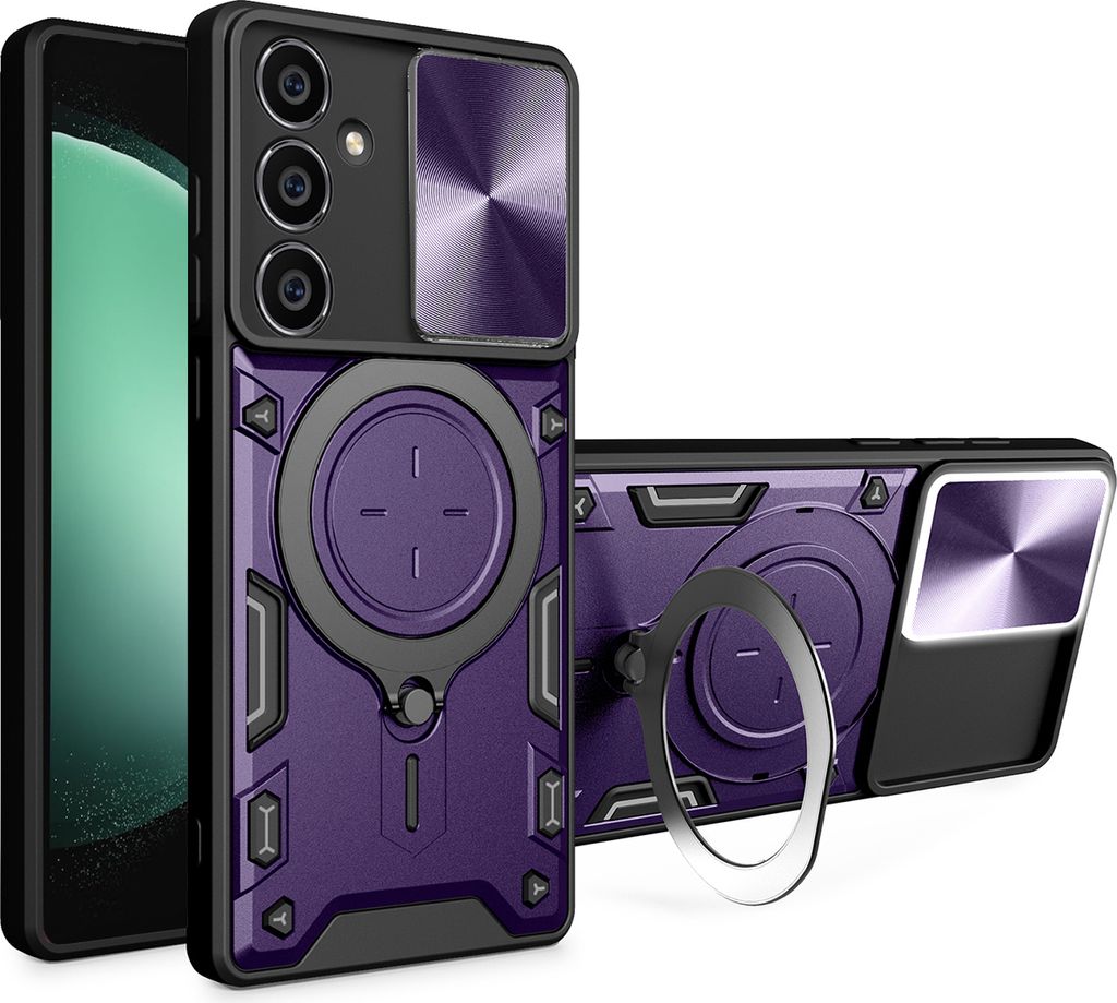 Handyhülle für Samsung Galaxy S23 FE Dual-Layer Stoßfest Rüstung Hülle mit Dia Kameraschutz und Kreisförmig Ring Ständer Lila