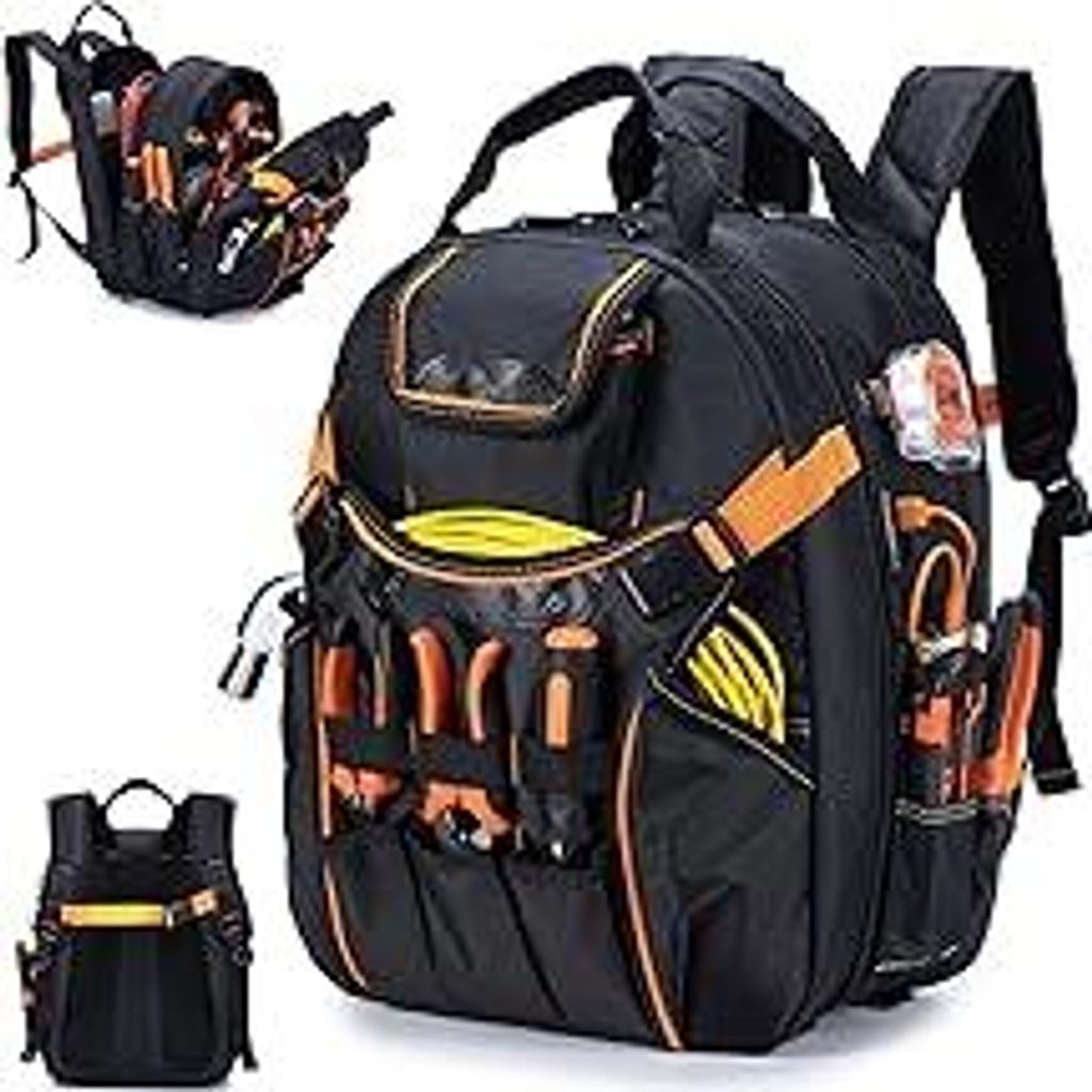 BAGZY Werkzeugrucksack Elektriker mit 17 Zoll Laptop -Abteil Oxford Wasserdichte Werkzeugsatz Rucksack mit USB-Anschluss Tragbar Herren Werkzeugtas...