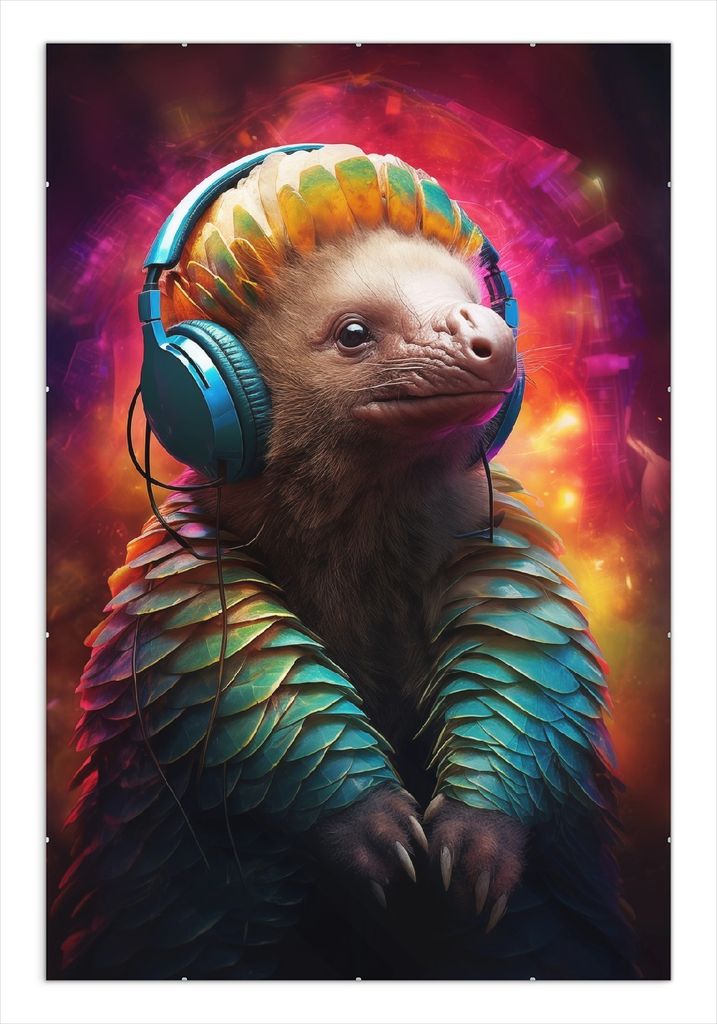 Wallario Wandbild Schuppentier mit Kopfhörern, Größe: 61 x 91,5 cm, Poster mit rahmenlosen Bildhalter