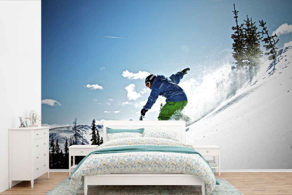MuchoWow Fototapete für Wohnzimmer oder Schlafzimmer Wandtapete Vinyl Motivtapete Ein Snowboarder balanciert auf seinem Brett auf der Piste - 39...