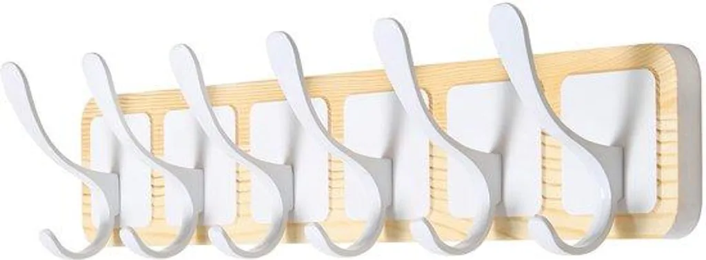 Porte-manteau en bois naturel 6 patères blanches pour gain de place