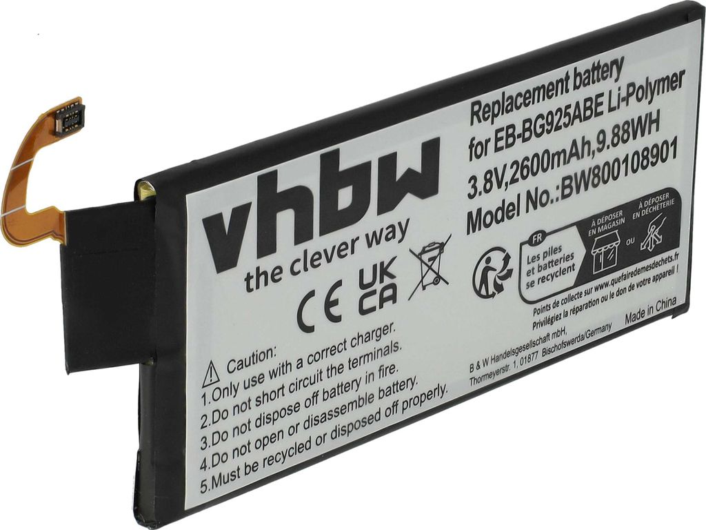 vhbw Akku Ersatz für Samsung EB-BG925ABE für Handy Smartphone Telefon (2600 mAh, 3,8 V, Li-Polymer)