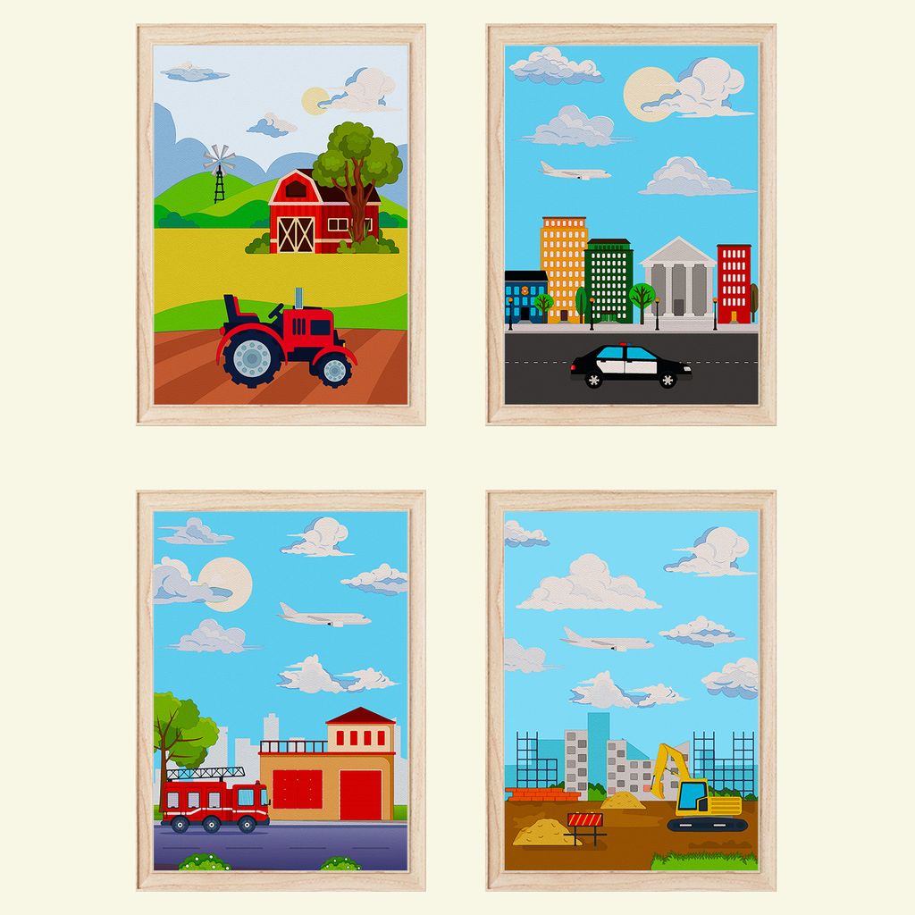 Traktor Polizei Feuerwehr Bagger Bilder 4er Set DIN A4 Kinderzimmer Wandbilder Babyzimmer Poster Dekoration