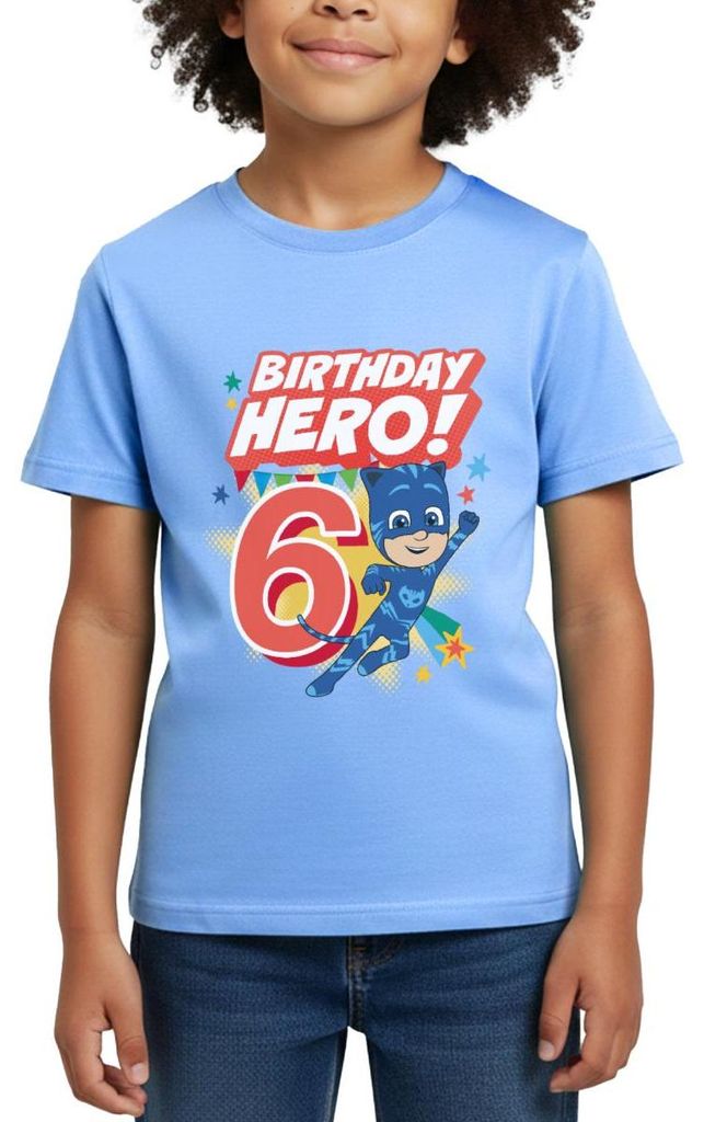 Spreadshirt PJ Masks Catboy Birthday Hero 6. Geburtstag Kinder T-Shirt, 110/116 (5-6 Jahre), Himmelblau