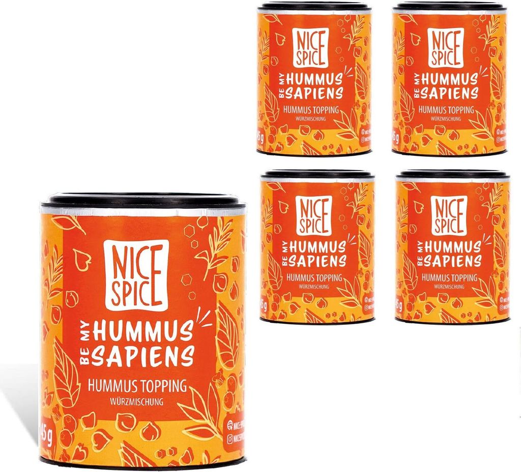 NICE SPICE Hummus Sapiens Gewürz, 5 Dosen (5 x 45g), Perfekt für Hummus, 11 erlesene Zutaten inklusive weißem und schwarzem Sesam sowie Chilipul...