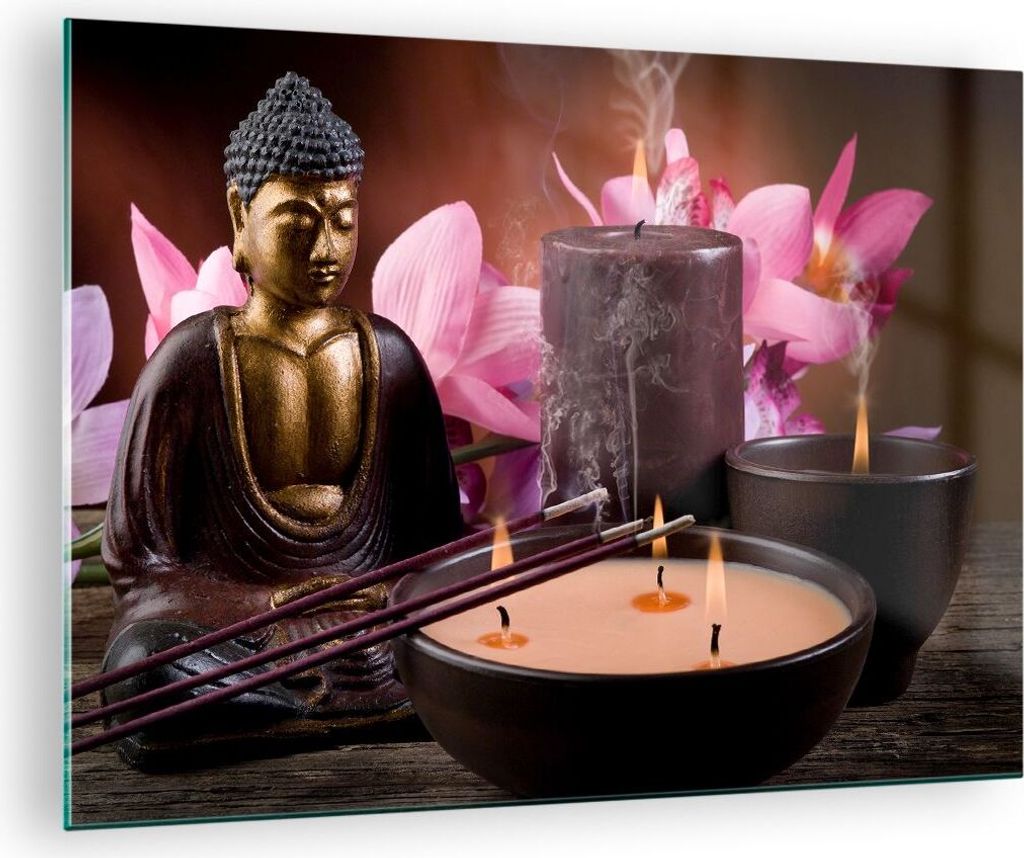 Bilder auf glas - Buddha Kerzen Religion - 70x50cm - Glasbilder - Wandbilder - Kunstdruck - zum Aufhängen bereit - Wanddekoration aus Glas - Glas ...