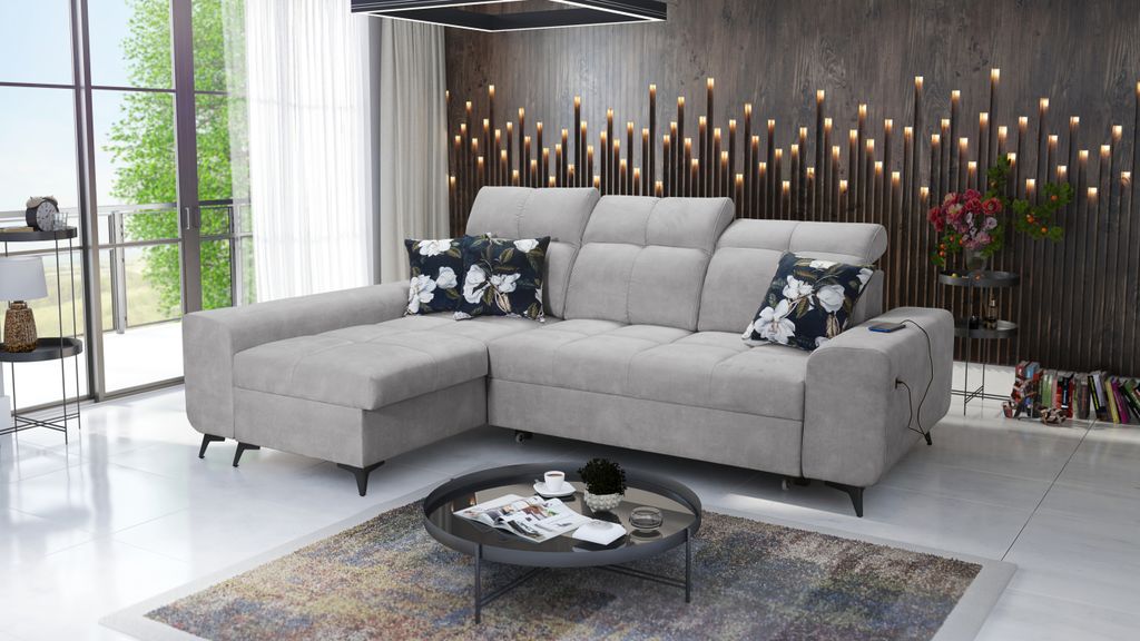 Wohnzimmer Couch Sofa 3-Sitzer Ecksofa GOLD I Ottomane links Farbe Grau Stoff WAVE 15