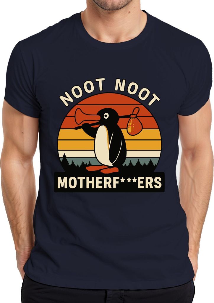 Noot Noot Motherf***ers Retro Pinguin Sonnenuntergang Vintage Herren T-Shirt, Navy, L