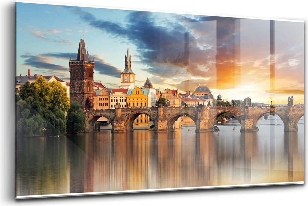Wandmalerei auf Glas- Wanddekoration aus Glas - 120x60 - Panorama der Stadt und Brücke über den Fluss