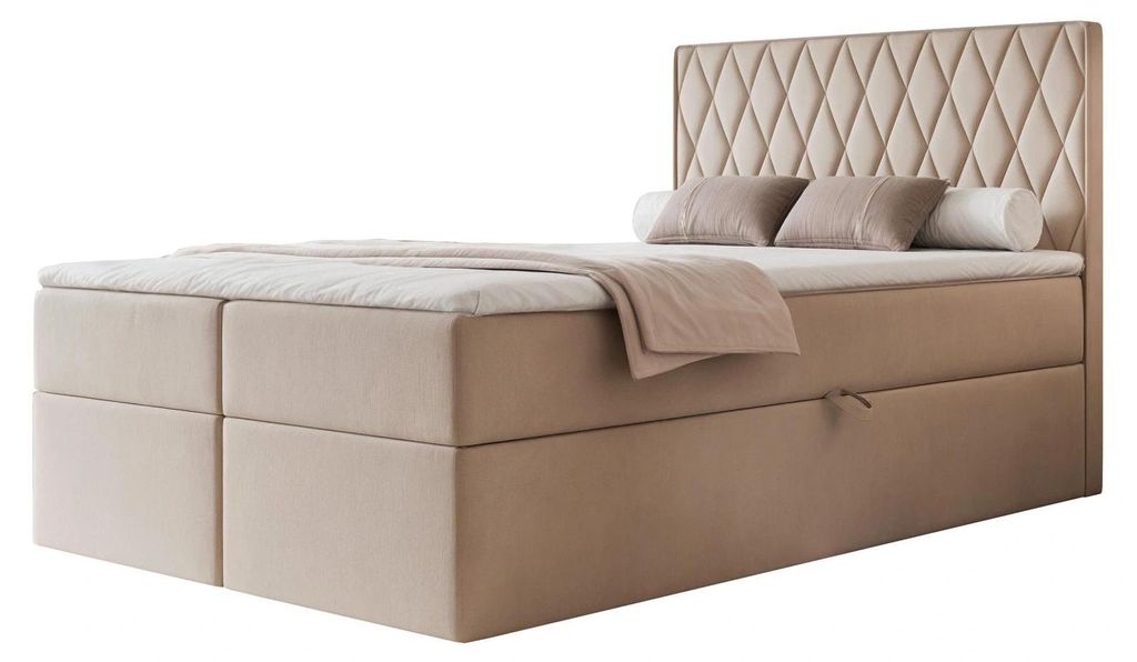 Boxspringbett PONTI 120x200 Rautensteppung Bettkasten Bonellmatratze Samt Beige