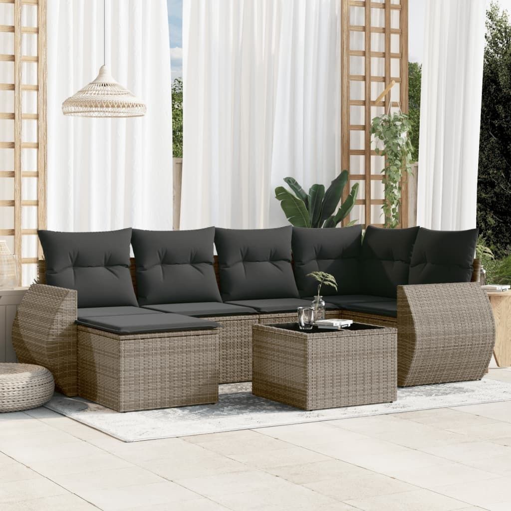 7-tlg. Garten-Sofagarnitur mit Kissen Grau Poly Rattan 3221669
