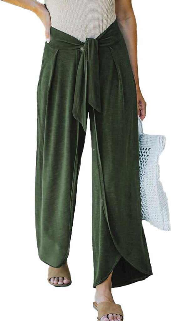 ASKSA Damen Weite Hosen Breite Beinschlitz Palazzo Hose Strandhose Sport Freizeithose mit Guertel, Armeegruen, Groesse: M