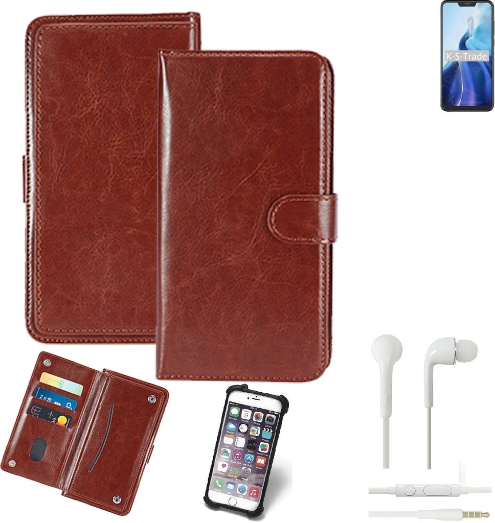 K-S-Trade 360° Hülle kompatibel mit Cubot C20 inkl. Headphones braun Kunstleder Case BookCase WalletCase Kunstlederederhülle Handyhülle,