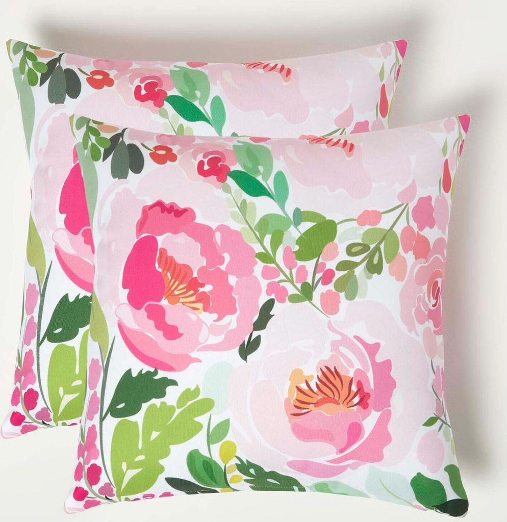 HOMESCAPES Gartenkissen Blumen rosa-grün – 2er-Set Outdoor Kissen 45 x 45 cm
