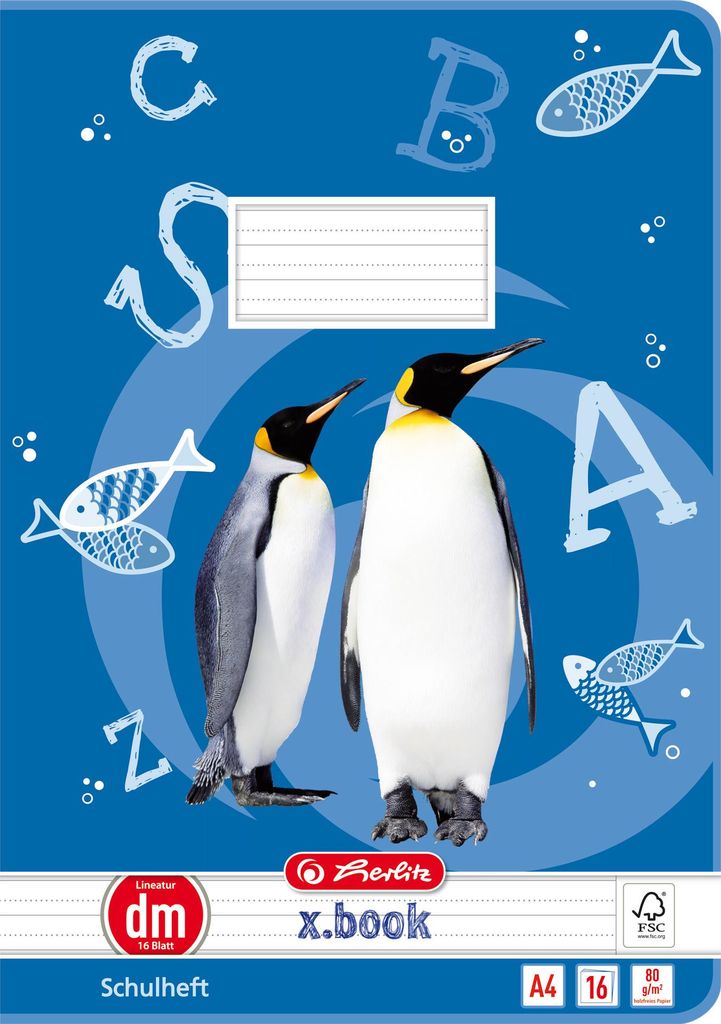 A notebook cover with penguins and letters on a blue background.