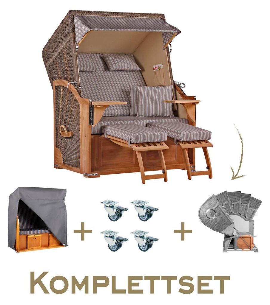 Strandkorb Seeblick Teak Holz Set PE-Geflecht Grey Volllieger Lifter & Rollen 125cm