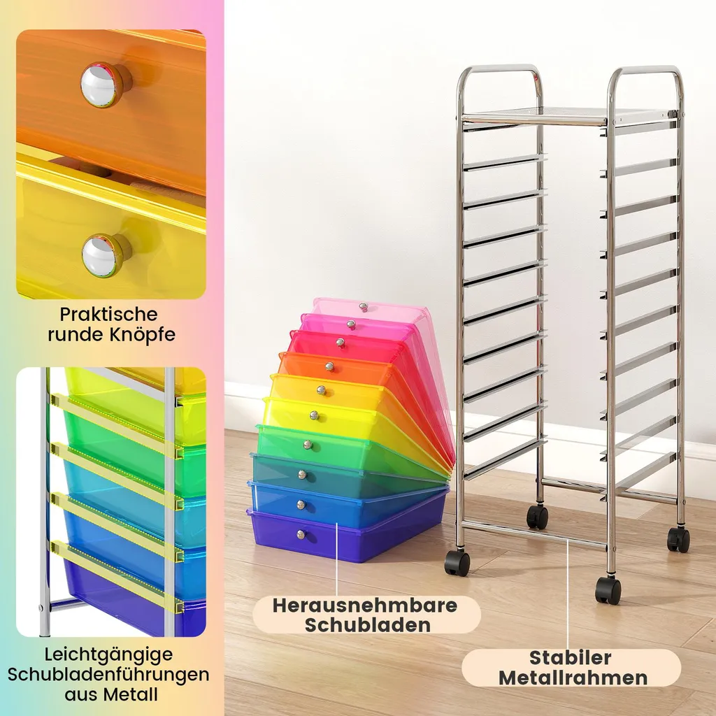 Caisson à roulettes multicolore avec 10 bacs de rangement amovibles - 6