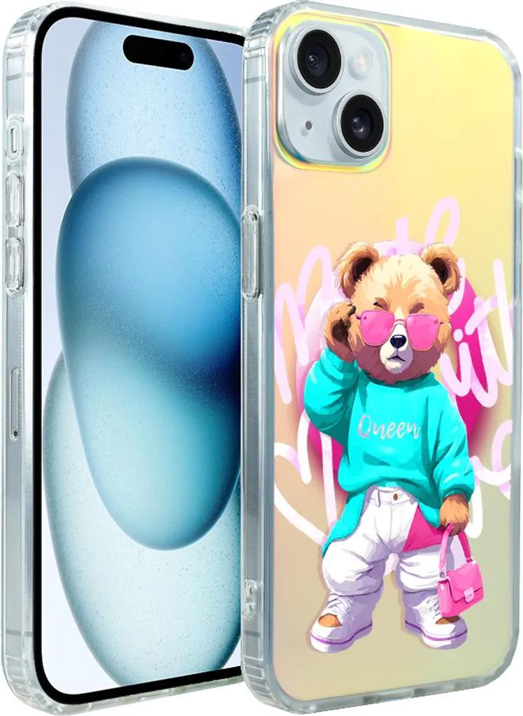 iPhone 15 Custodia IBIZU California Sunset con MagSafe, cambio colore, Pink Queen, orsetto alla moda